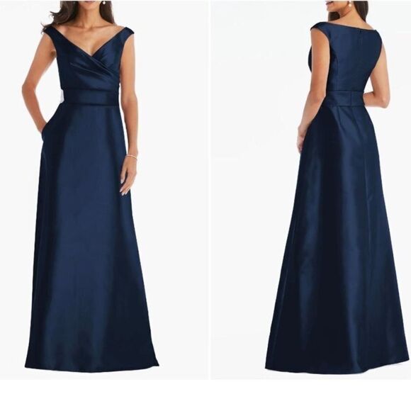 NEW ALFRED SUNG Midnight Blue Off the Shoulder Satin Gown Size 6 - Picture 1 of 4